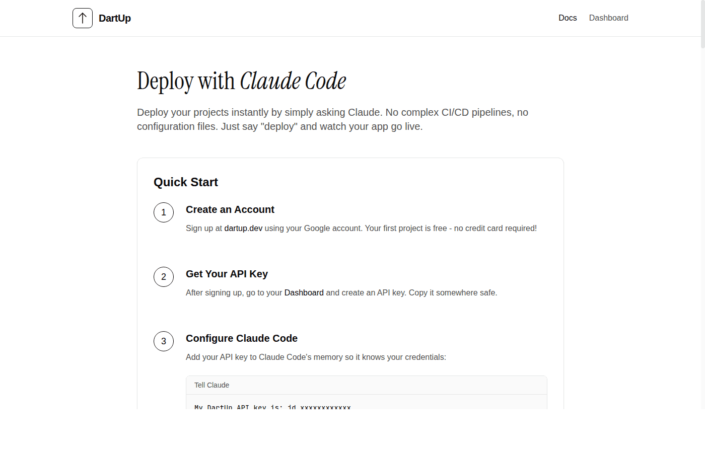 DartUp documentation page showing how to deploy with Claude Code